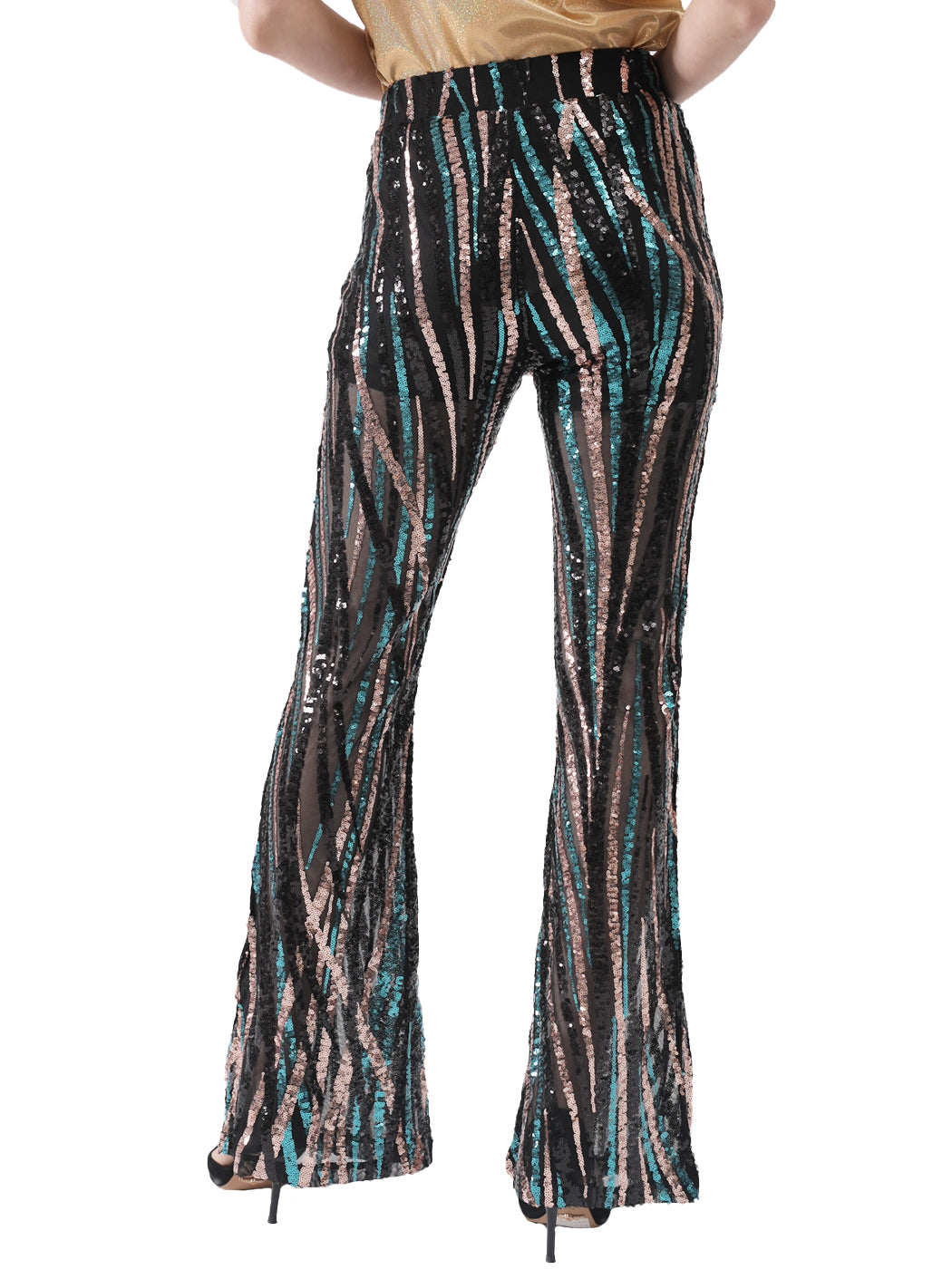 Pantalones de lentejuelas, pierna ancha, cintura alta, pantalones coloridos para fiesta de discoteca