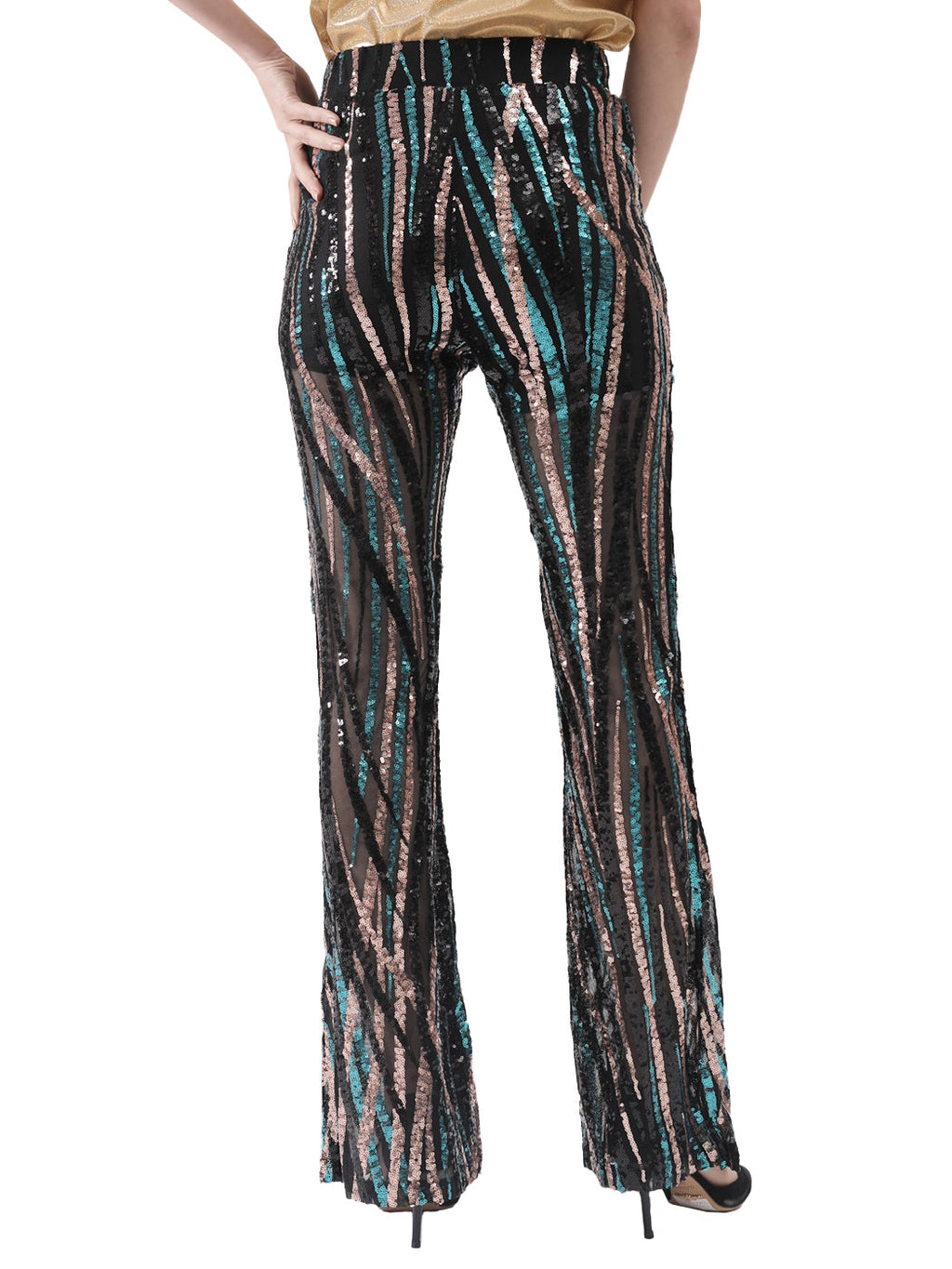Pantalones de lentejuelas, pierna ancha, cintura alta, pantalones coloridos para fiesta de discoteca