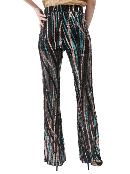 Pantalones de lentejuelas, pierna ancha, cintura alta, pantalones coloridos para fiesta de discoteca