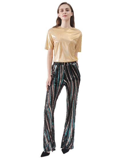 Pantalones de lentejuelas, pierna ancha, cintura alta, pantalones coloridos para fiesta de discoteca