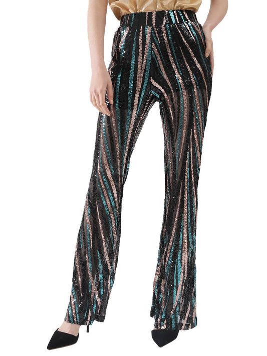 Pantalones de lentejuelas, pierna ancha, cintura alta, pantalones coloridos para fiesta de discoteca