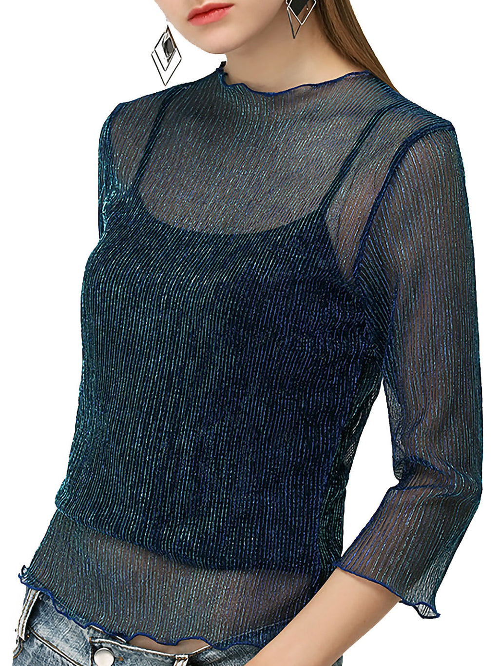 Top sexy de malla transparente con mangas 3/4