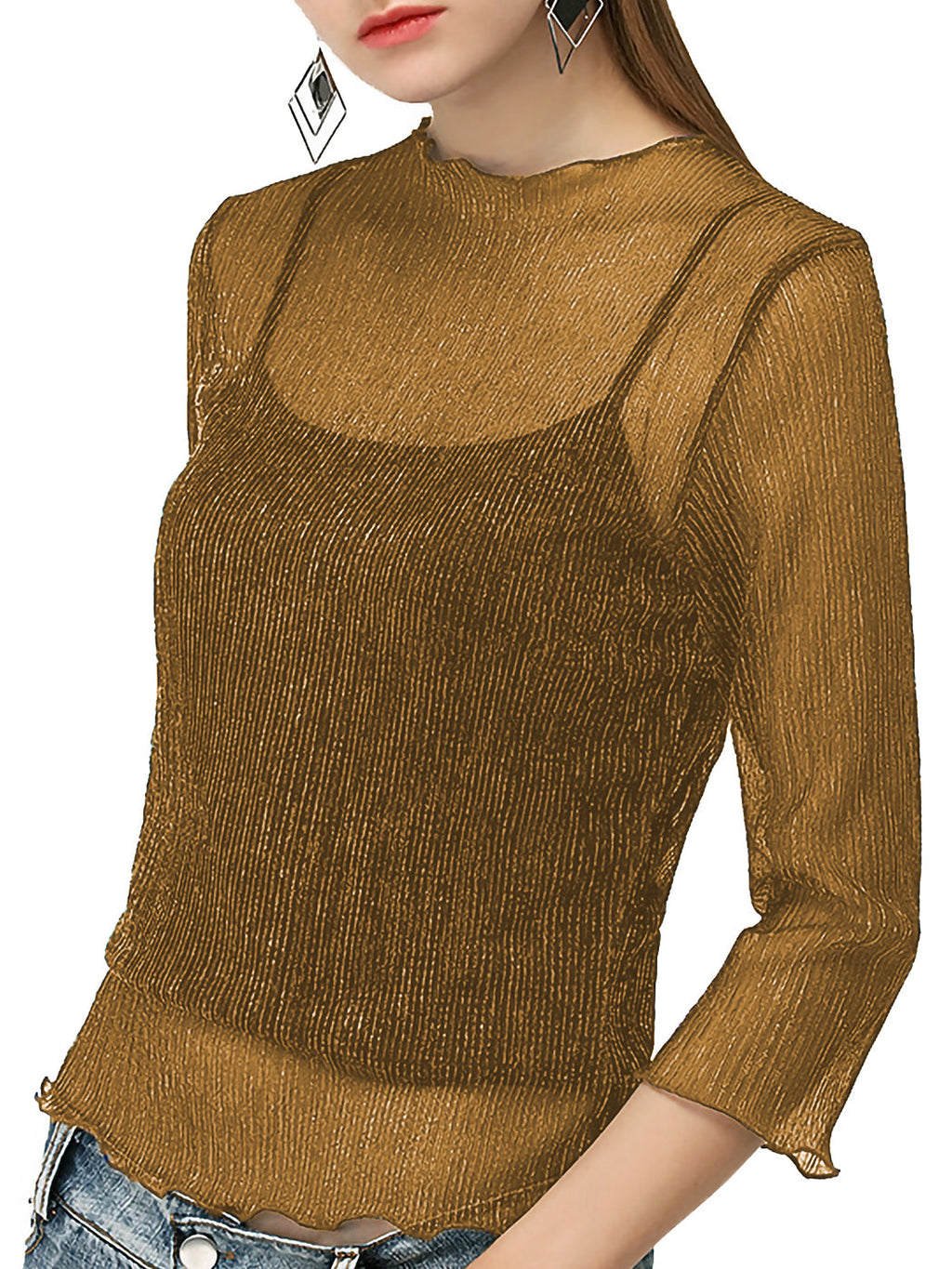 Top sexy de malla transparente con mangas 3/4