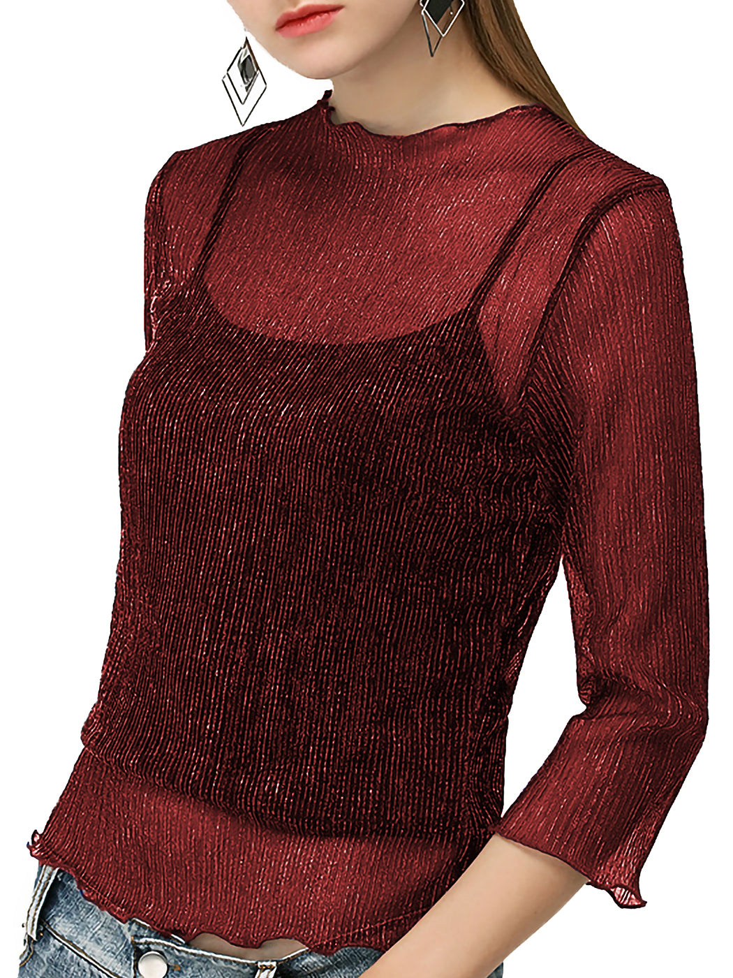 Top sexy de malla transparente con mangas 3/4
