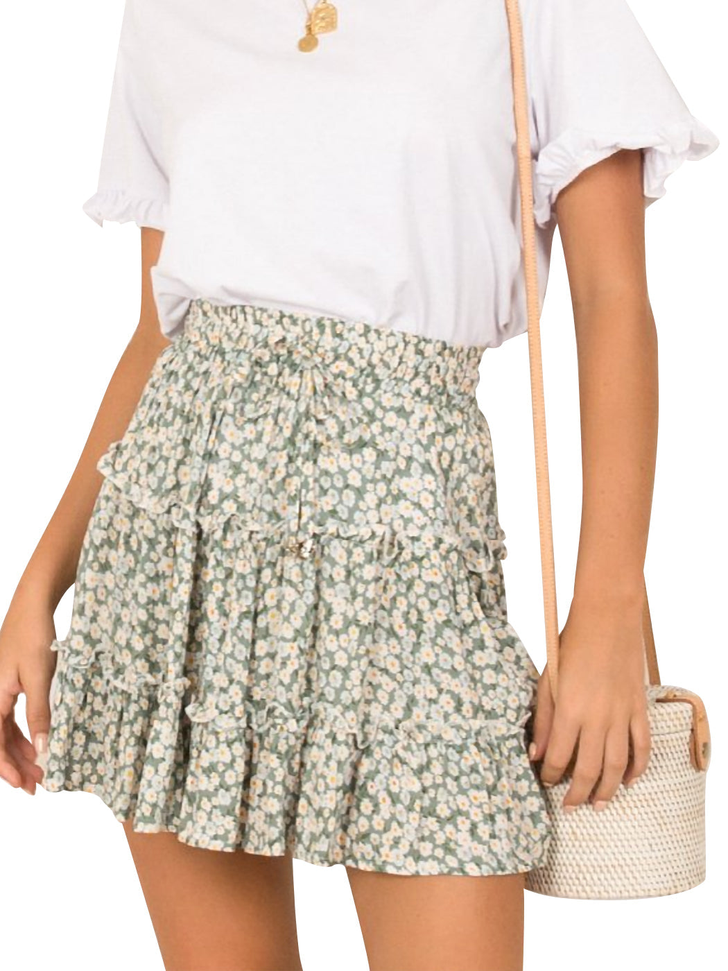 Minifalda con volantes y cordón ajustable con cintura elástica y estampado floral estilo bohemio de verano