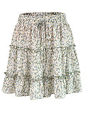 Summer Boho Floral Printed Elastic Waist Drawstring Frill Trim Ruffle Mini Skirts