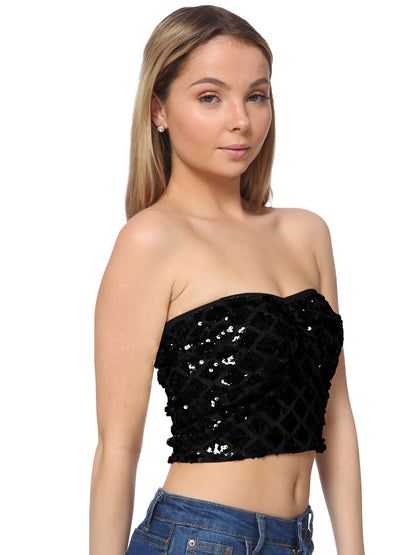Top tubo elástico con lentejuelas brillantes y hombros descubiertos para mujer para fiestas y clubes