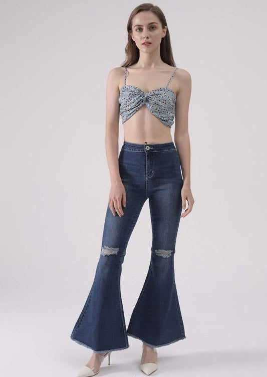 Distressed High Waist Classic Denim Bell Bottom Jeans