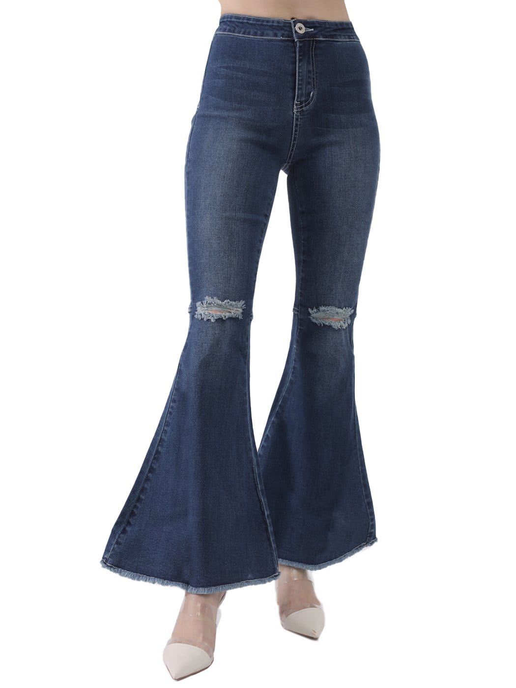 Distressed High Waist Classic Denim Bell Bottom Jeans