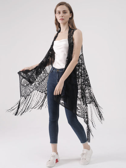 Cárdigan de encaje sexy con perspectiva ahuecada, chaleco irregular, blusa de crochet abierta al frente