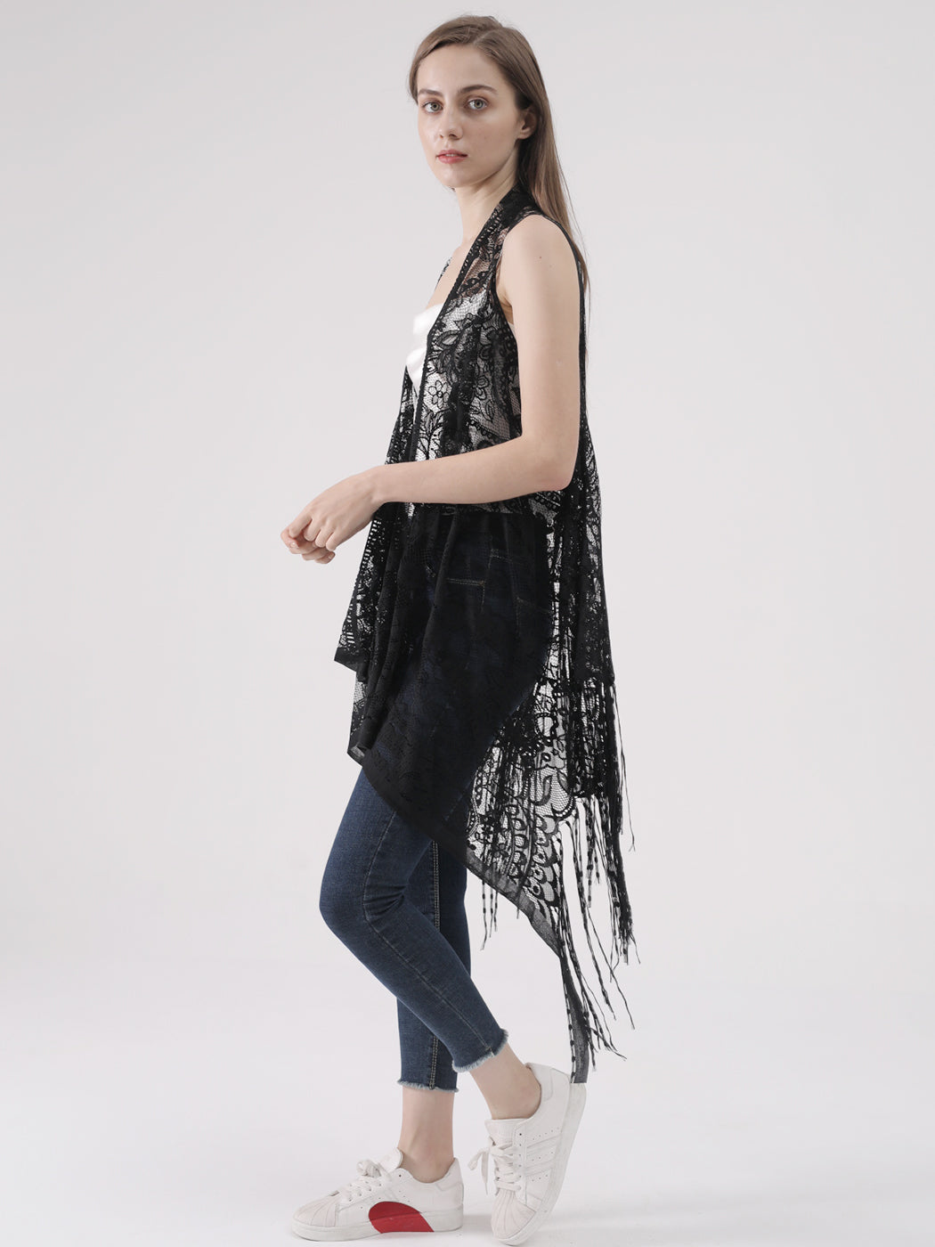 Cárdigan de encaje sexy con perspectiva ahuecada, chaleco irregular, blusa de crochet abierta al frente