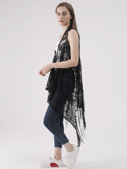 Cárdigan de encaje sexy con perspectiva ahuecada, chaleco irregular, blusa de crochet abierta al frente