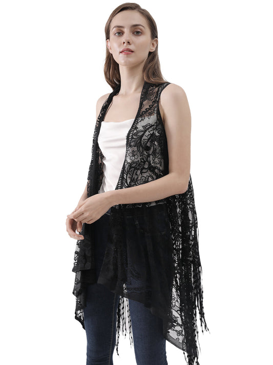Cárdigan de encaje sexy con perspectiva ahuecada, chaleco irregular, blusa de crochet abierta al frente