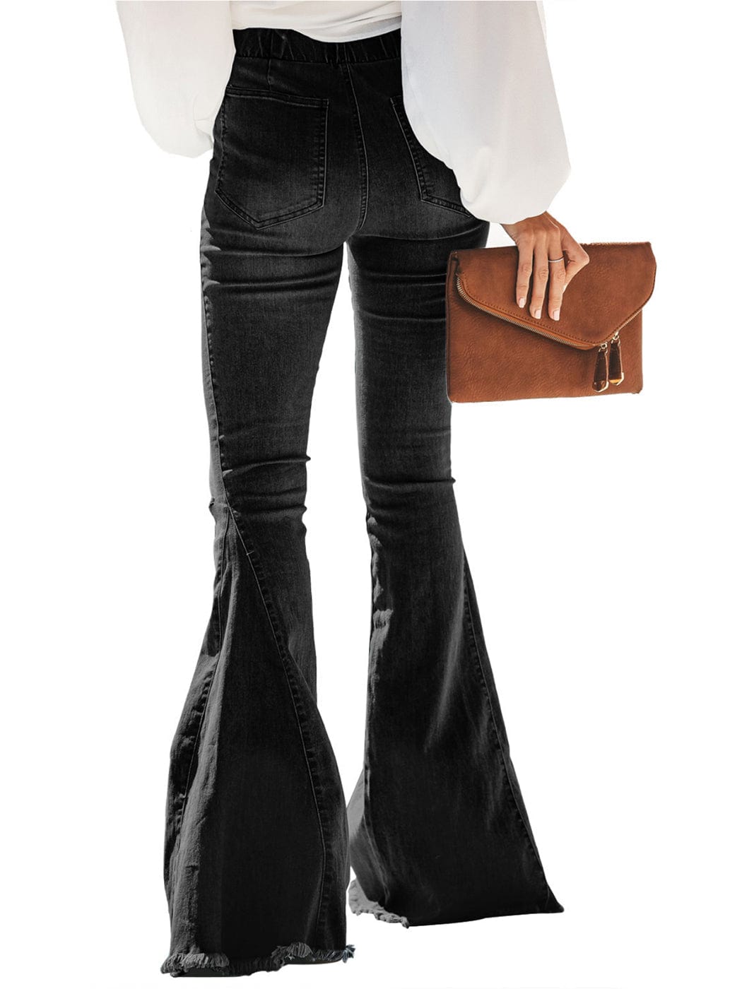 Jeans de mezclilla acampanados largos con cintura elástica y desgastados