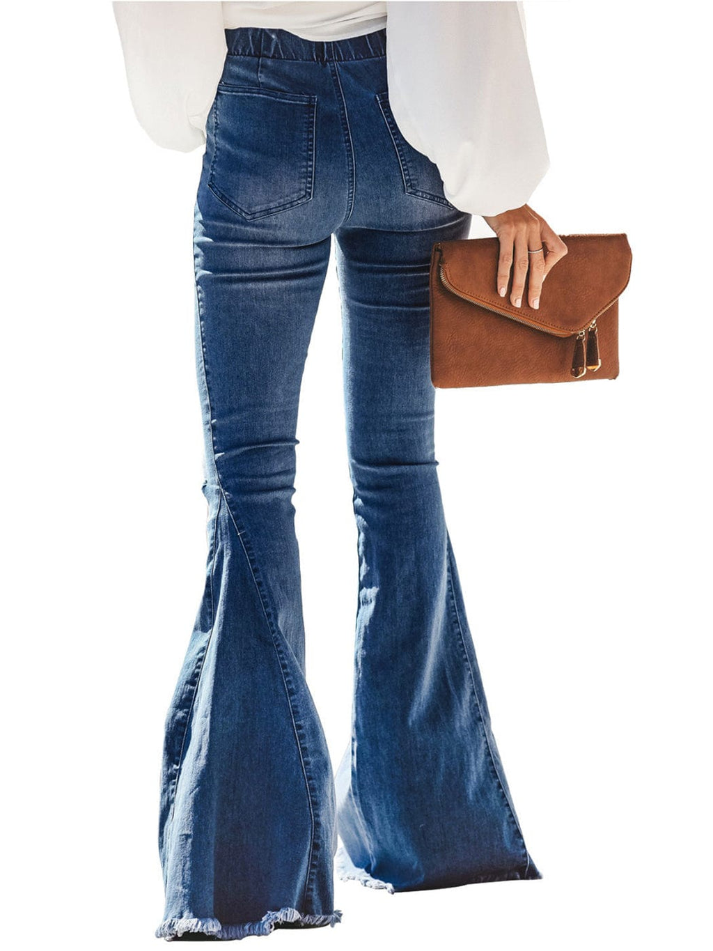 Jeans de mezclilla acampanados largos con cintura elástica y desgastados