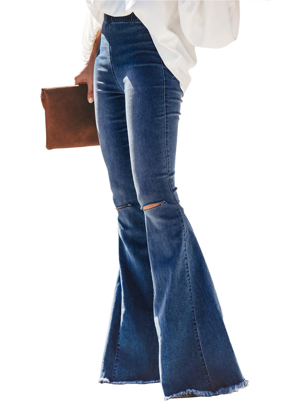 Jeans de mezclilla acampanados largos con cintura elástica y desgastados
