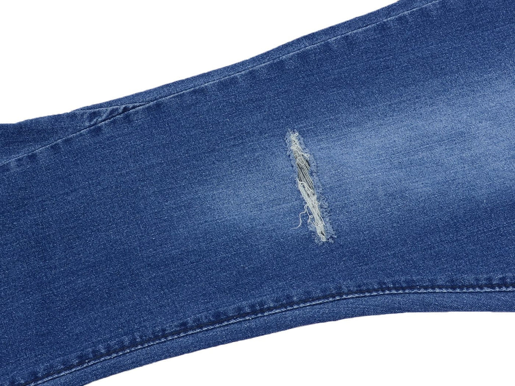 Jeans de mezclilla acampanados largos con cintura elástica y desgastados