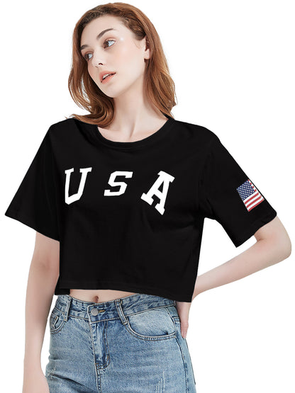 Camiseta de manga corta con estampado de letras para mujer de Anna-Kaci con la bandera de EE. UU. del 4 de julio 