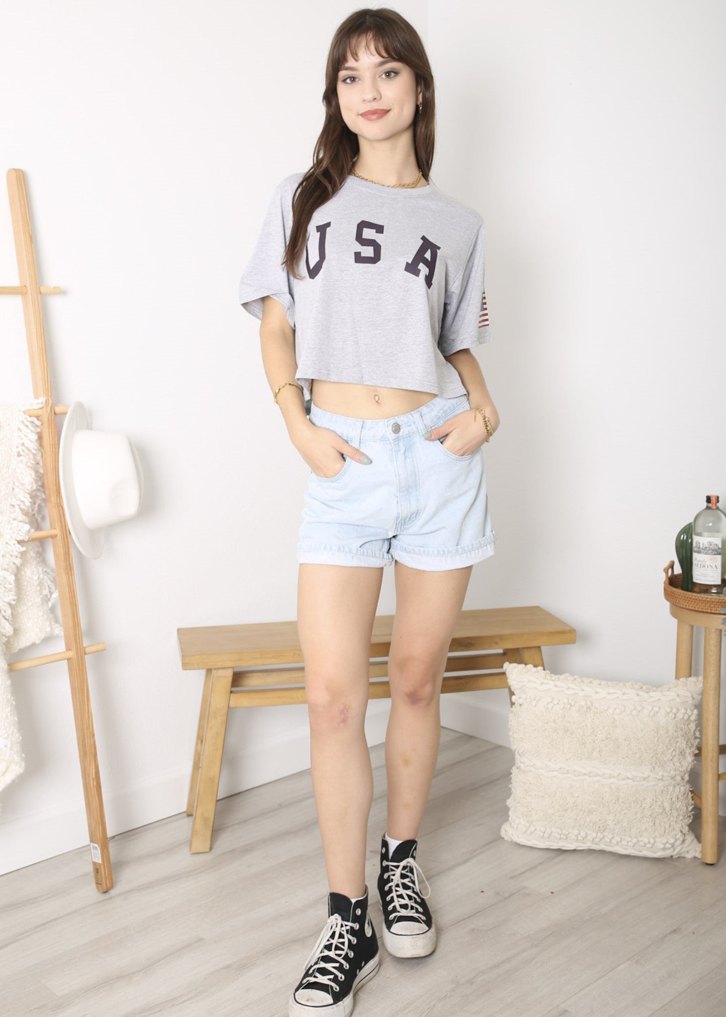 Anna-Kaci Women's Letter Print Crop Top Short Sleeve July 4th USA Flag T-Shirt