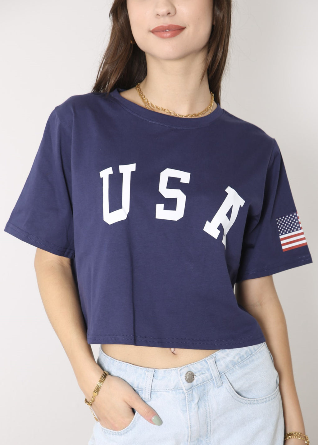 Camiseta de manga corta con estampado de letras para mujer de Anna-Kaci con la bandera de EE. UU. del 4 de julio 