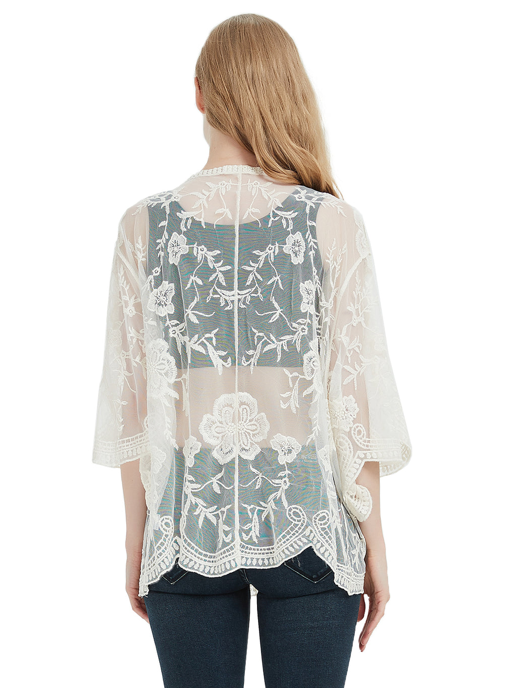 Cárdigan corto tipo kimono con encaje bordado y medias mangas 