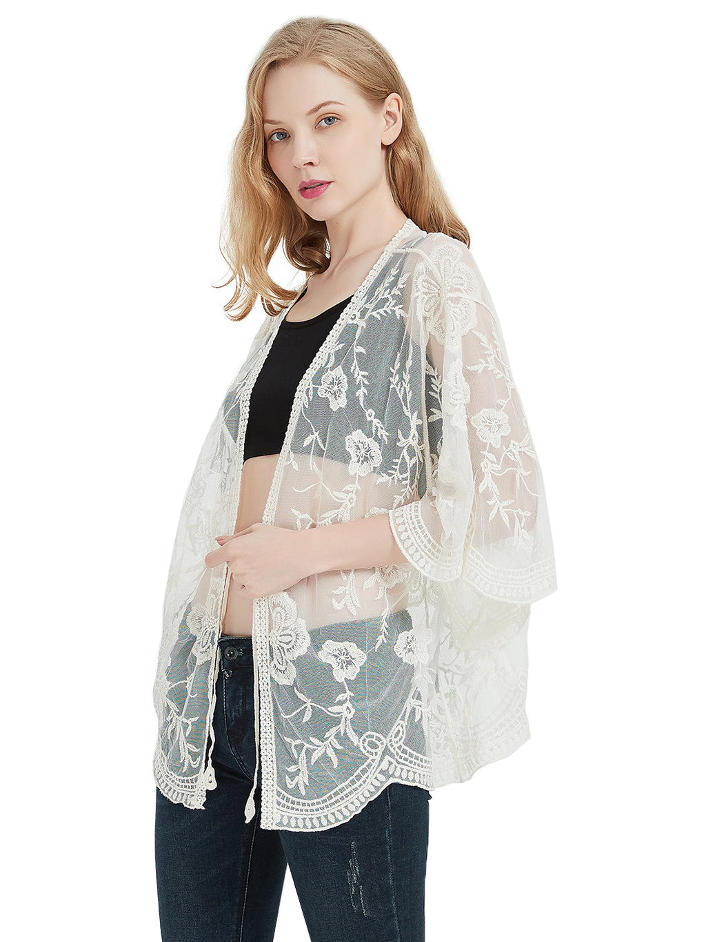 Cárdigan corto tipo kimono con encaje bordado y medias mangas 