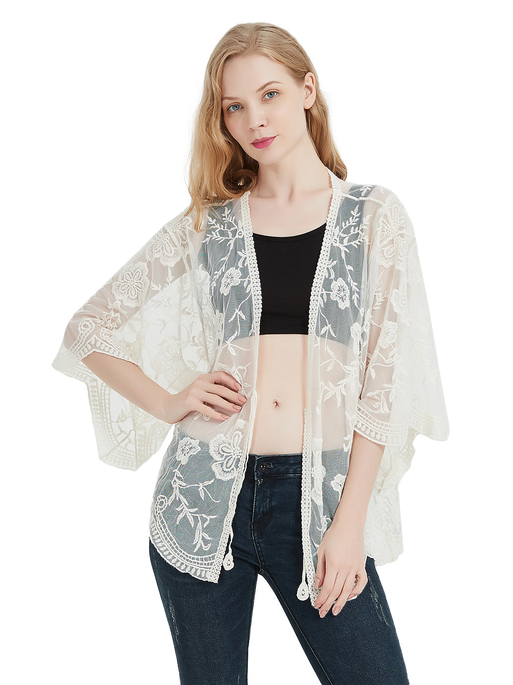 Cárdigan corto tipo kimono con encaje bordado y medias mangas 