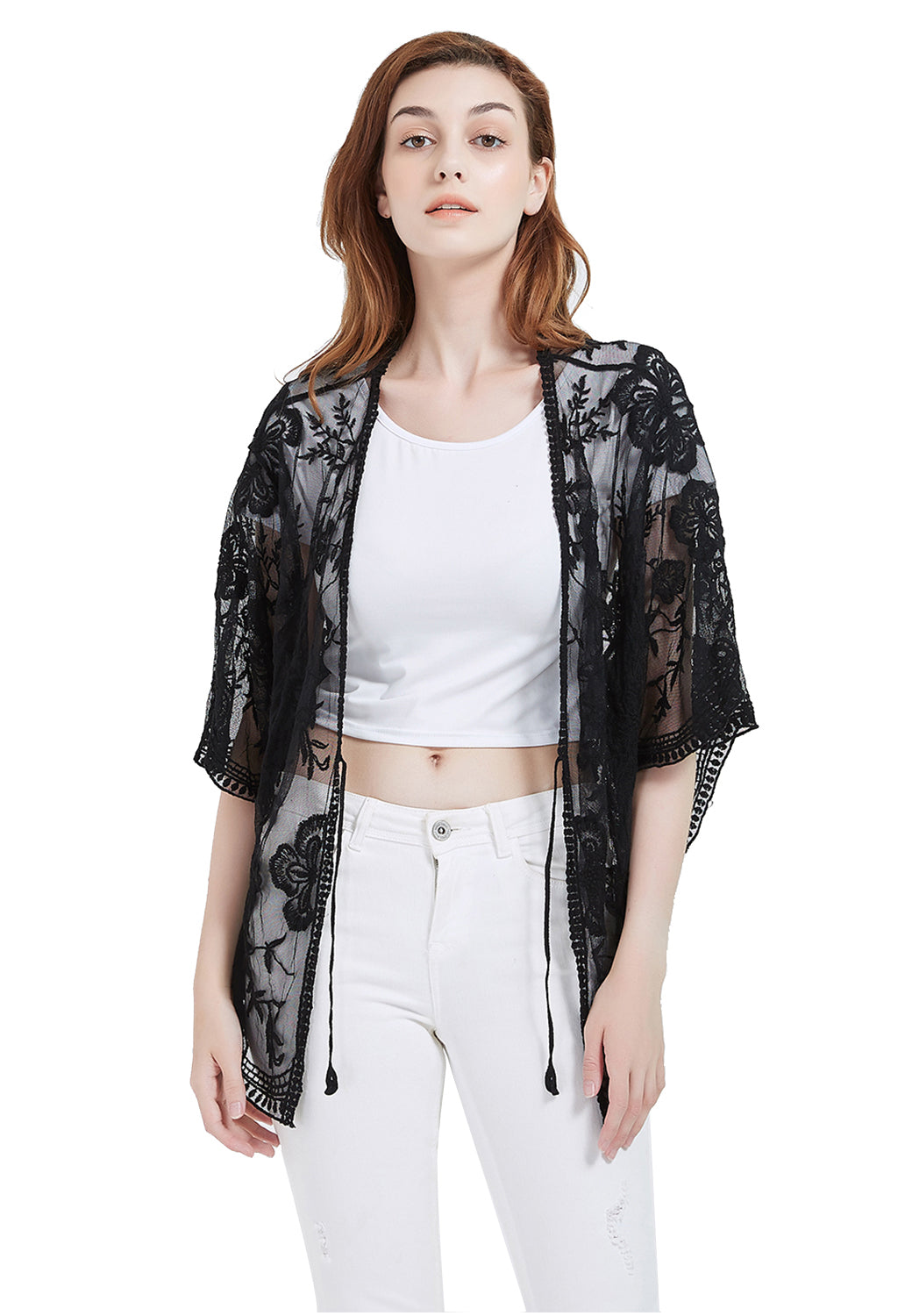 Cárdigan corto tipo kimono con encaje bordado y medias mangas 