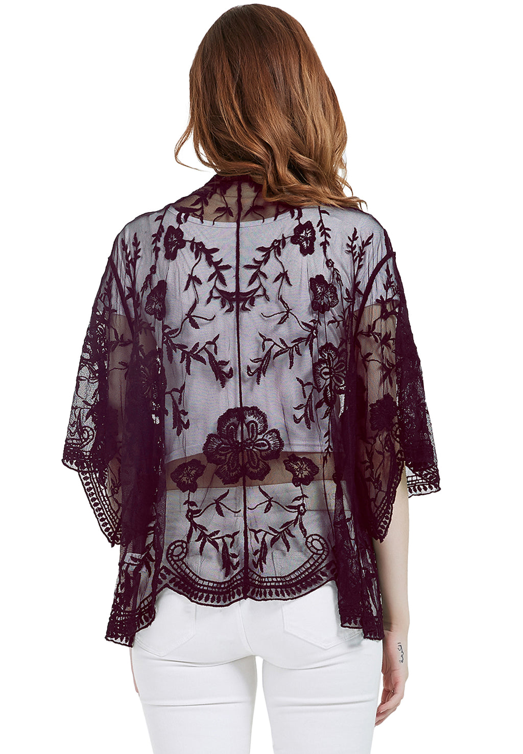 Cárdigan corto tipo kimono con encaje bordado y medias mangas 