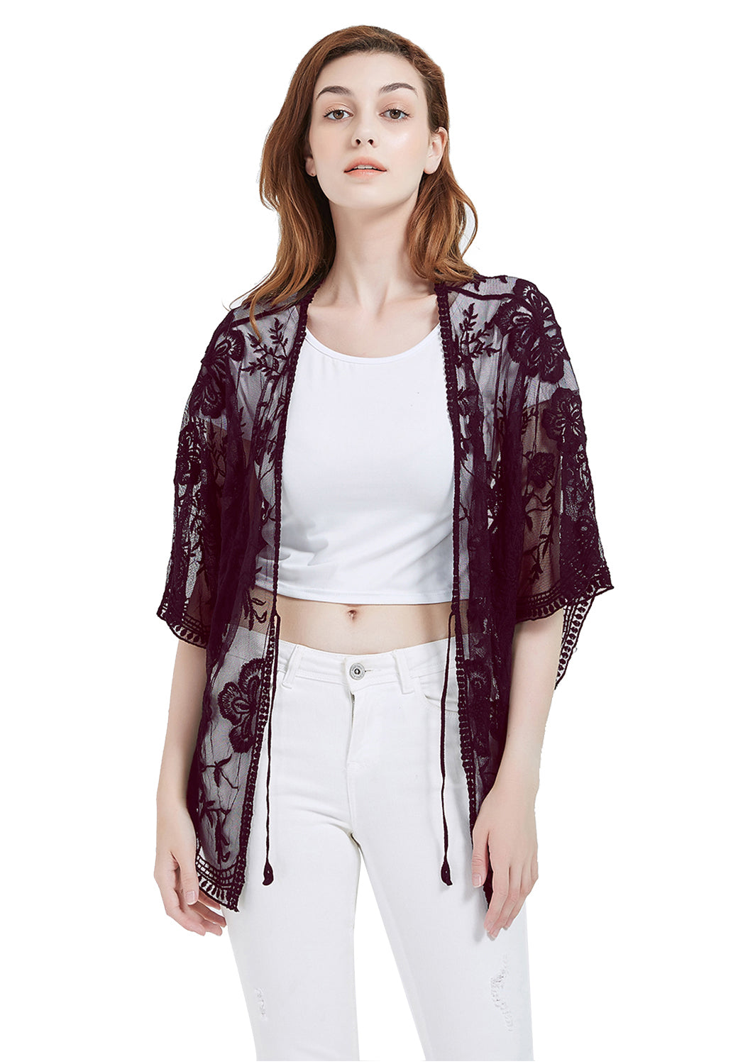 Cárdigan corto tipo kimono con encaje bordado y medias mangas 