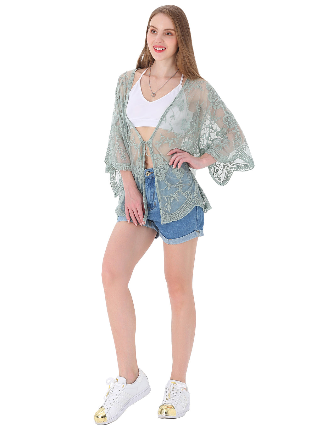 Cárdigan corto tipo kimono con encaje bordado y medias mangas 