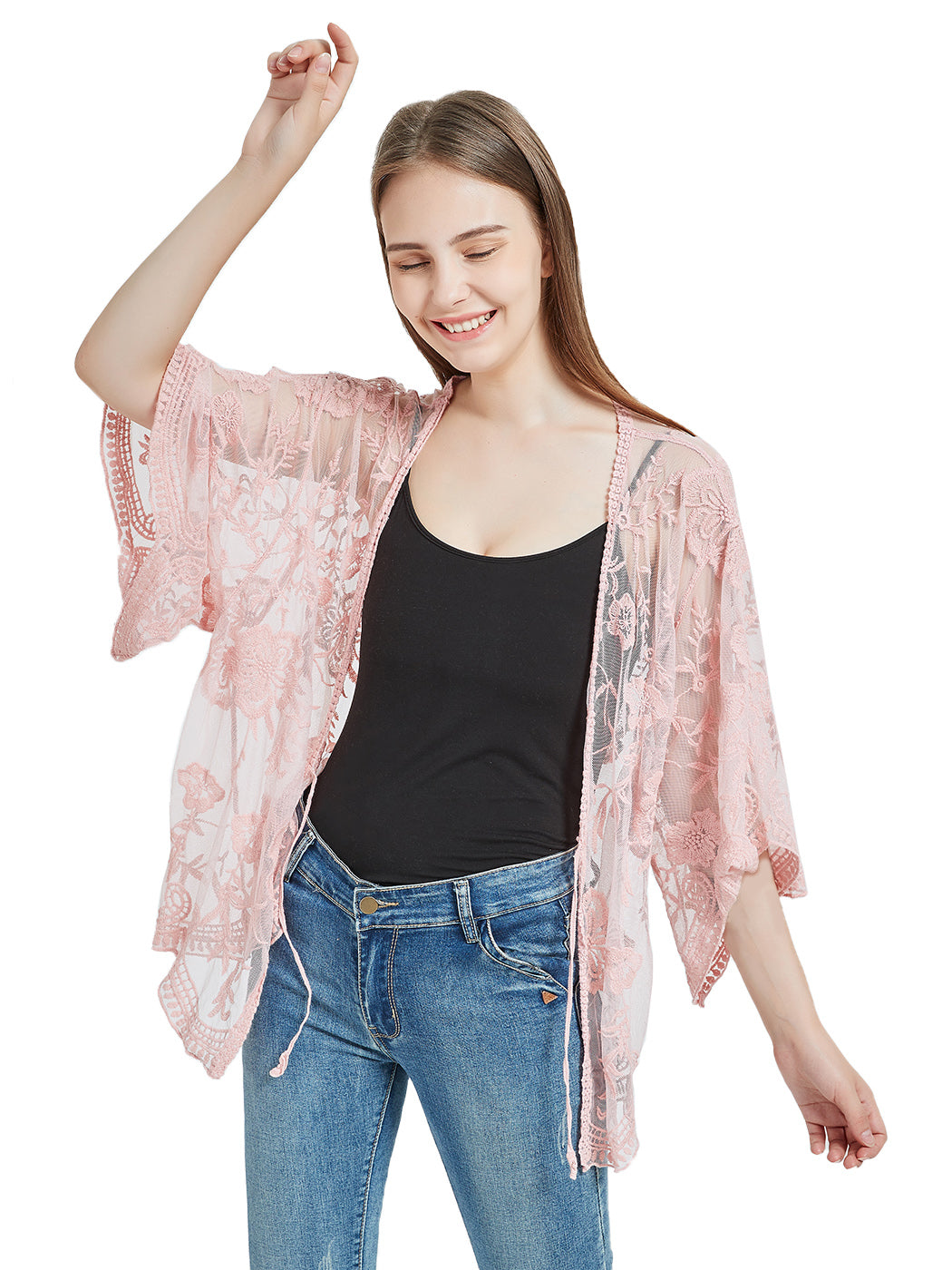 Cárdigan corto tipo kimono con encaje bordado y medias mangas 