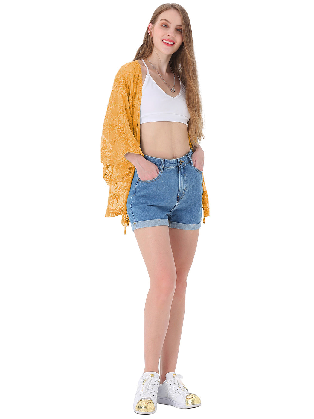 Cárdigan corto tipo kimono con encaje bordado y medias mangas 