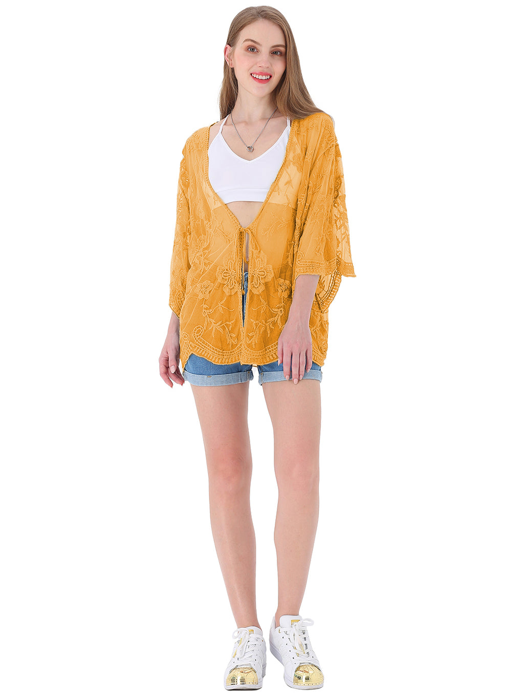 Cárdigan corto tipo kimono con encaje bordado y medias mangas 