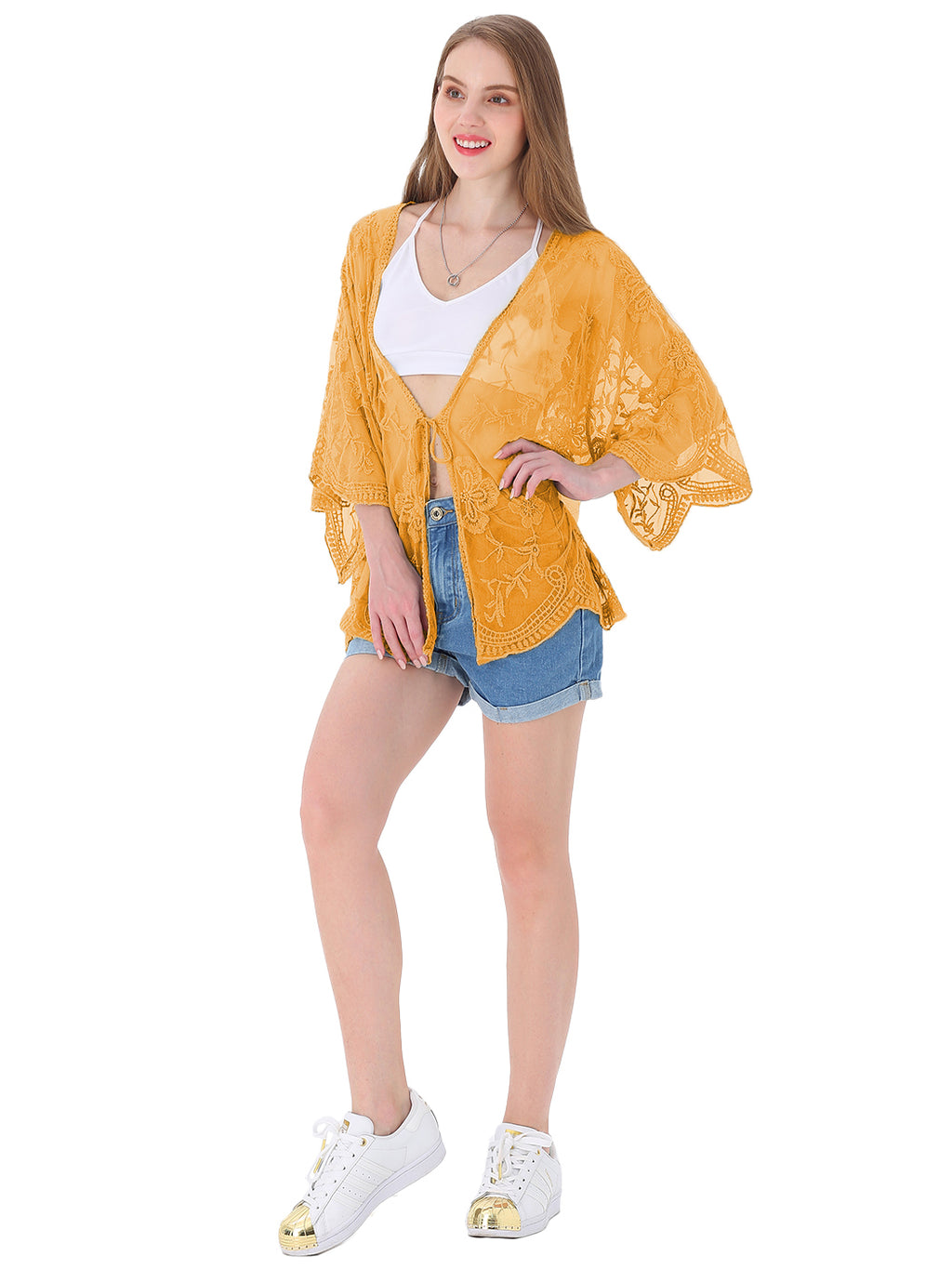Cárdigan corto tipo kimono con encaje bordado y medias mangas 