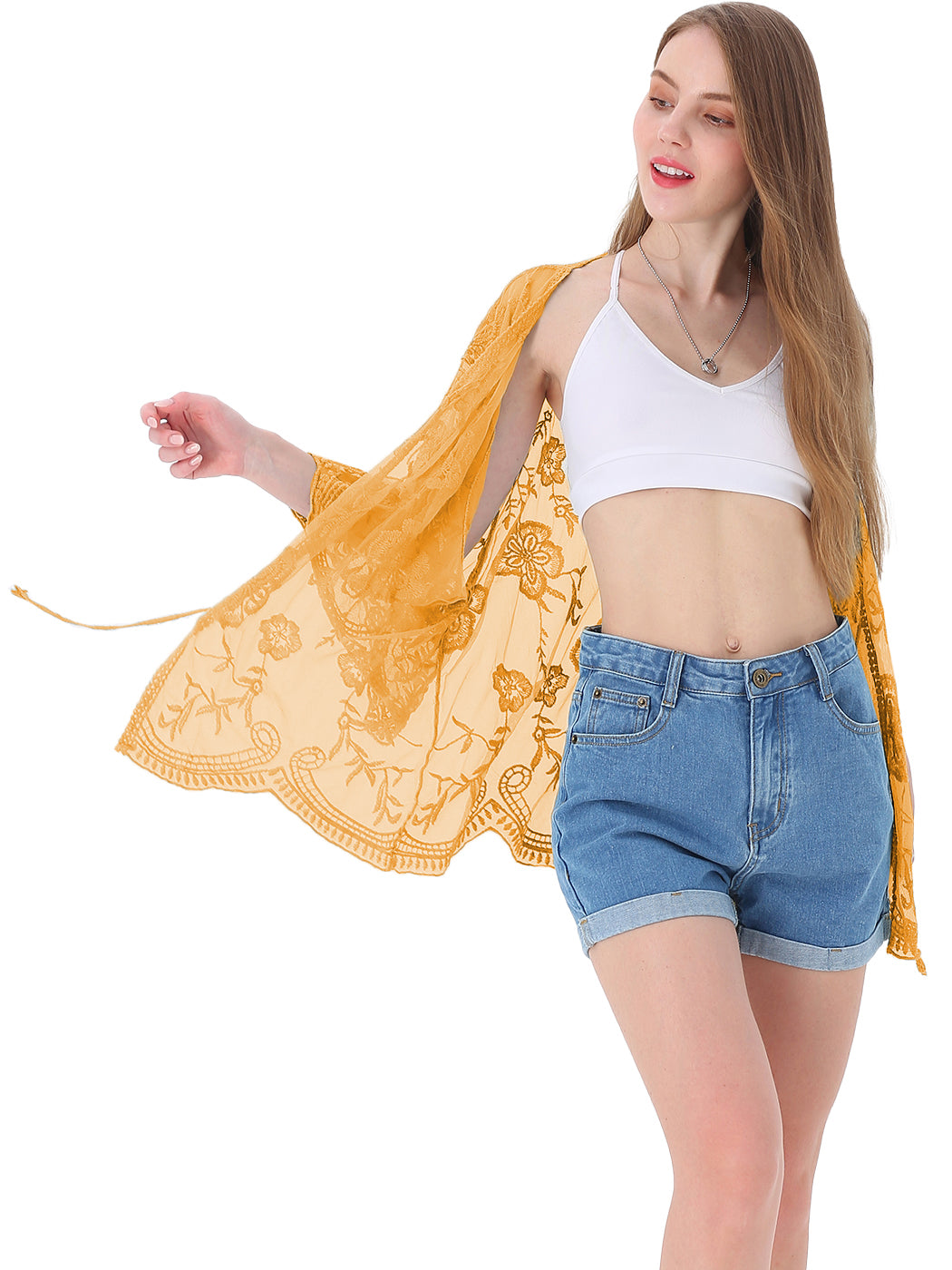 Cárdigan corto tipo kimono con encaje bordado y medias mangas 