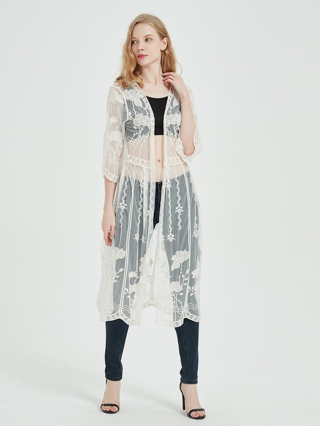 Cárdigan tipo kimono con encaje bordado