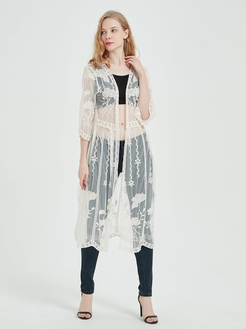 Cárdigan tipo kimono con encaje bordado