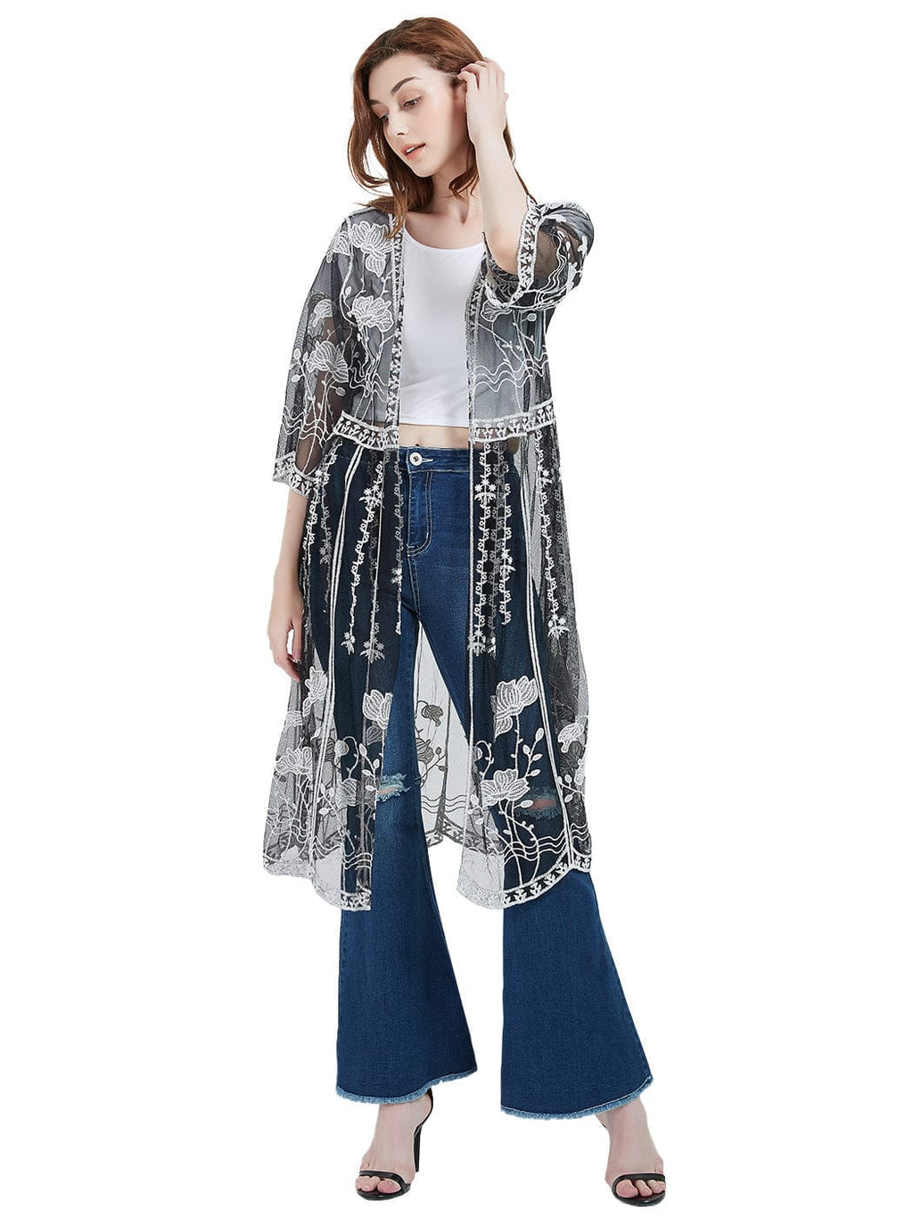 Cárdigan tipo kimono con encaje bordado