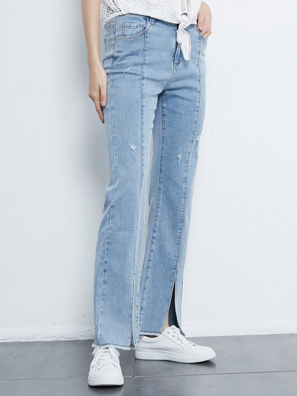 Mid Rise Slit Stretchy Straight Leg Jeans Pants with 5 Pockets