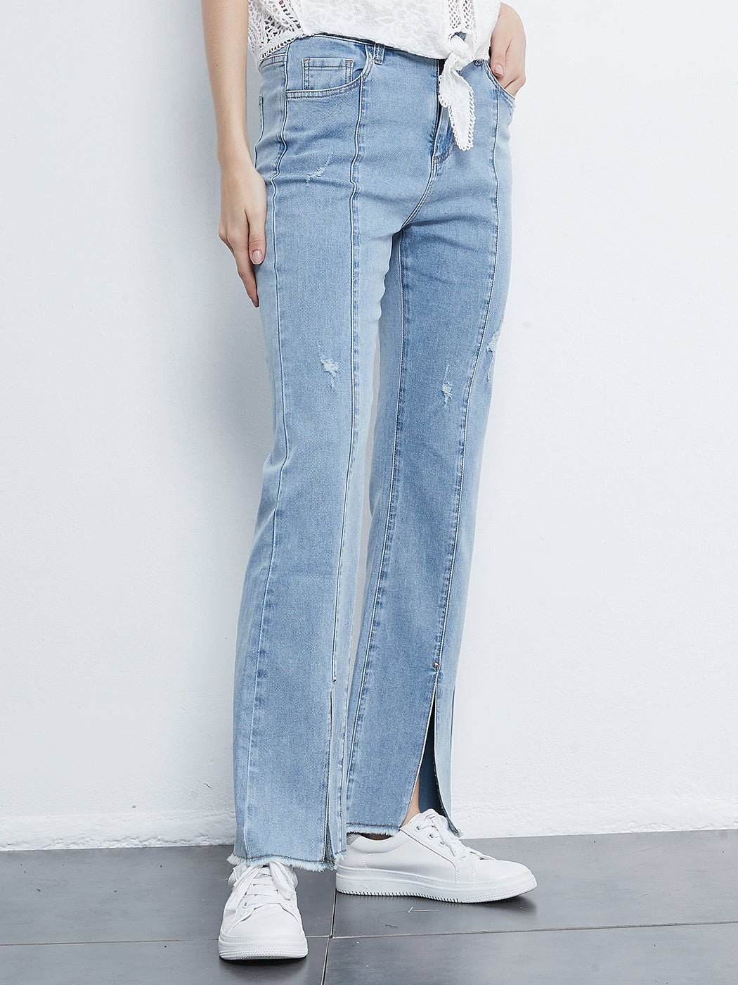 Mid Rise Slit Stretchy Straight Leg Jeans Pants with 5 Pockets