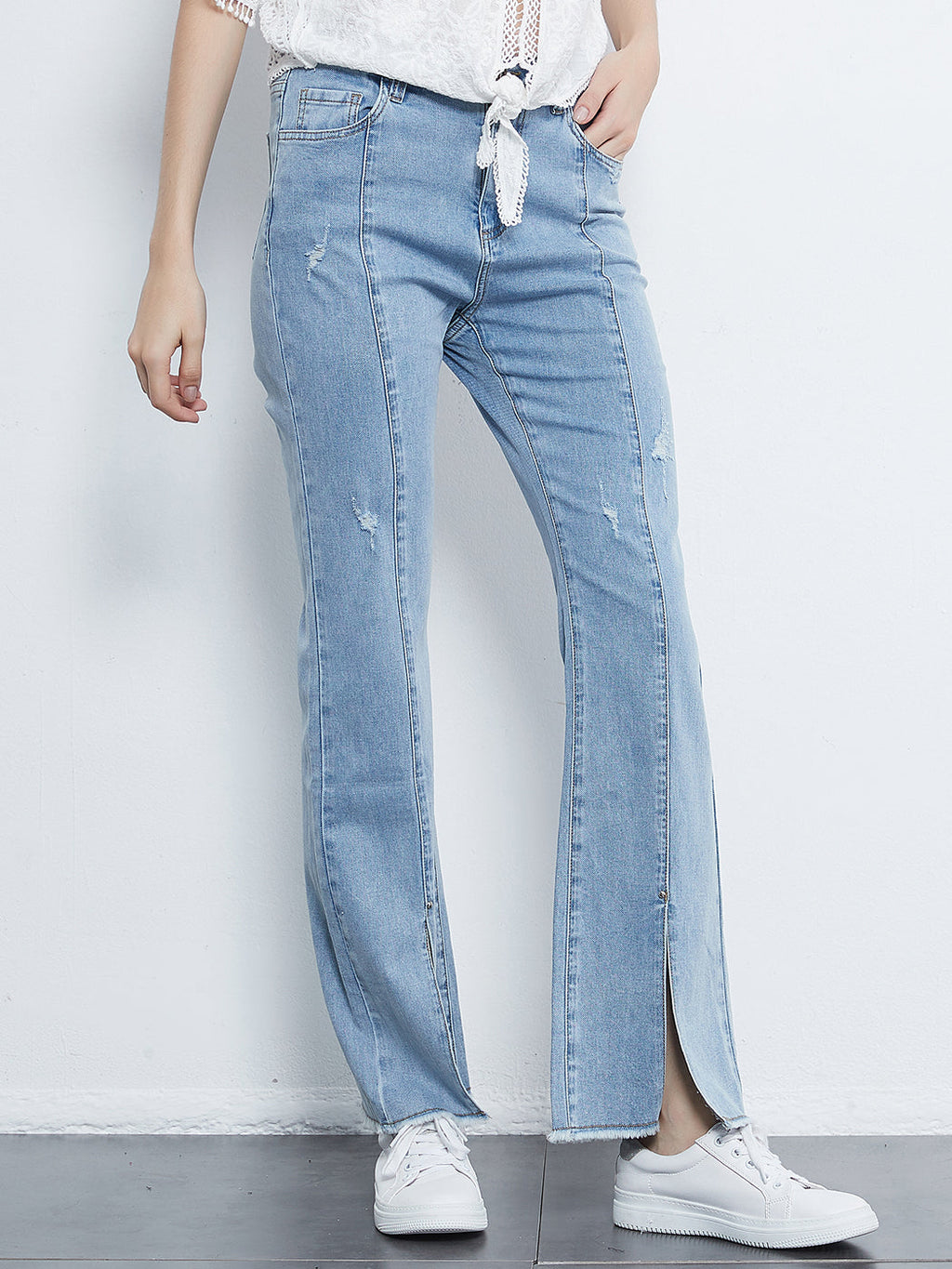 Mid Rise Slit Stretchy Straight Leg Jeans Pants with 5 Pockets