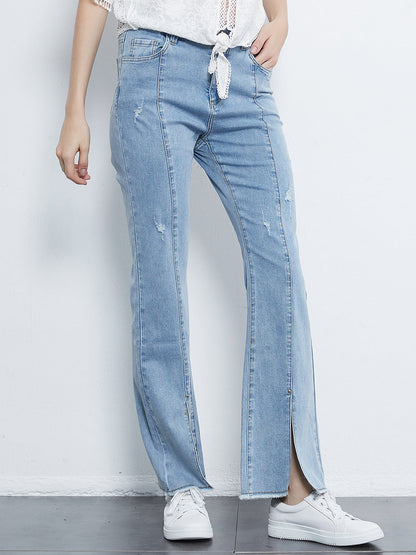 Pantalones vaqueros de tiro medio, elásticos, con abertura y pierna recta y cinco bolsillos