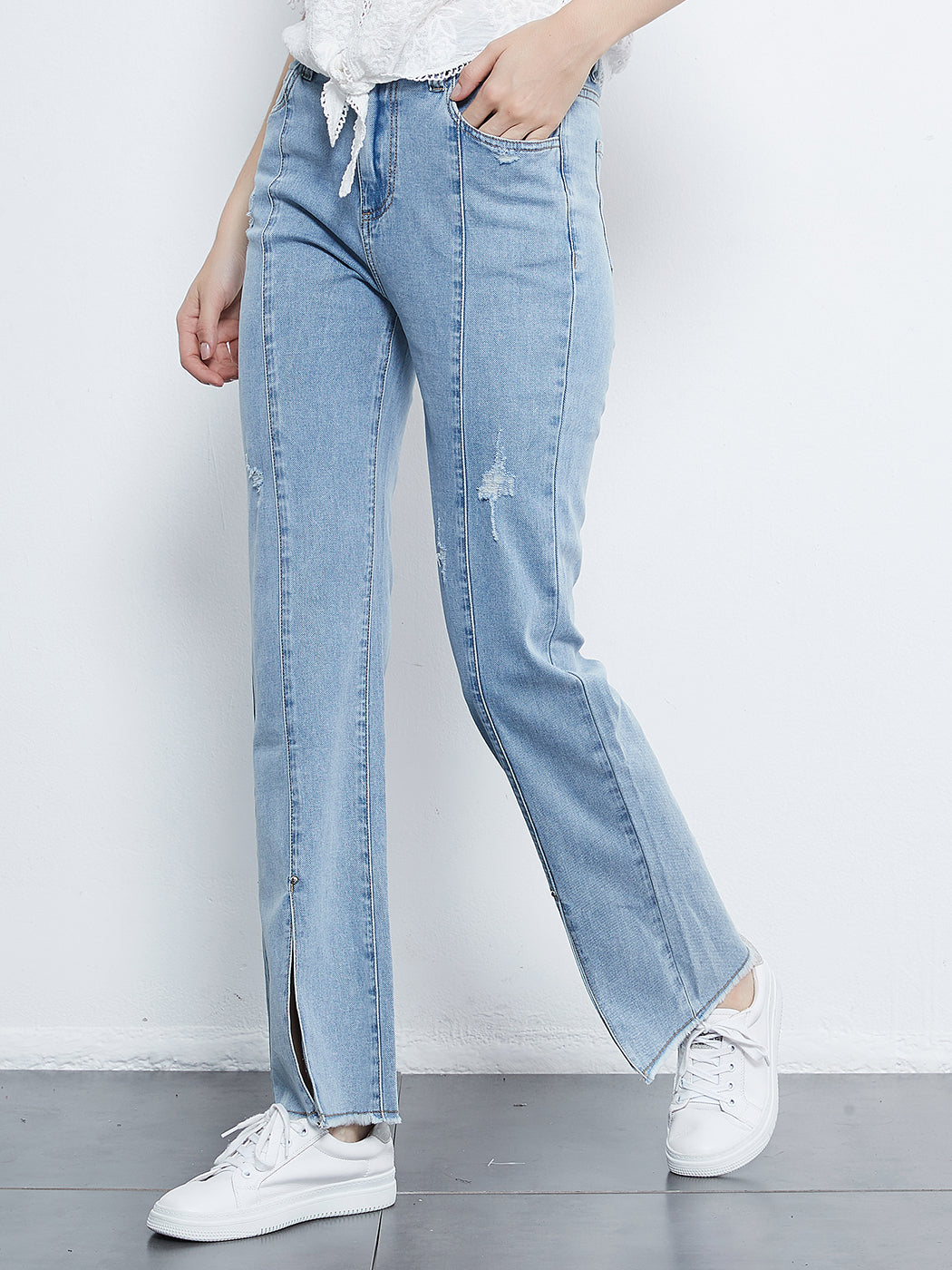 Mid Rise Slit Stretchy Straight Leg Jeans Pants with 5 Pockets