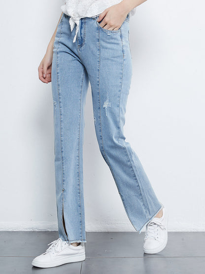 Pantalones vaqueros de tiro medio, elásticos, con abertura y pierna recta y cinco bolsillos