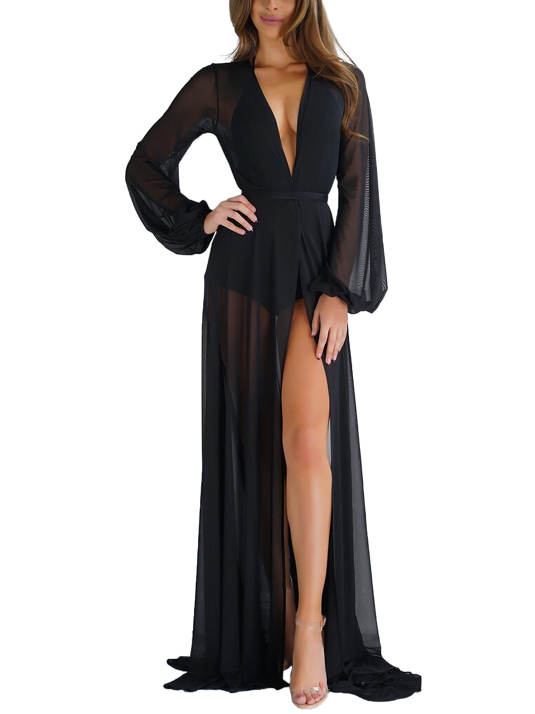 Bata tipo kimono maxi de gasa para cubrirse el traje de baño