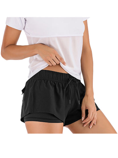 Pantalones cortos de yoga para correr, deportivos, fitness, elásticos, de doble capa, con cordón
