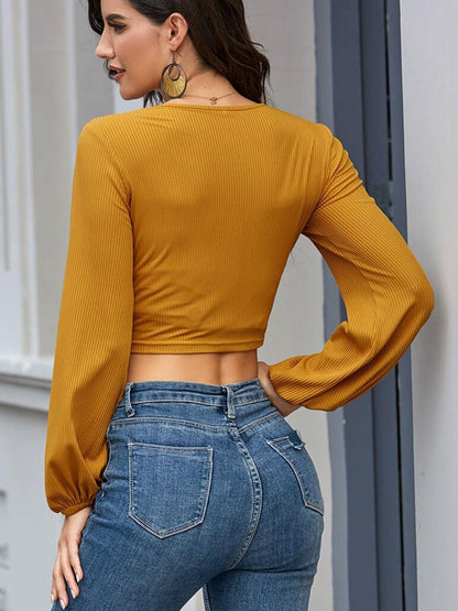 Casual Long Sleeve V Neck Ribbed Ruched Front Tie Crop Top Blouse