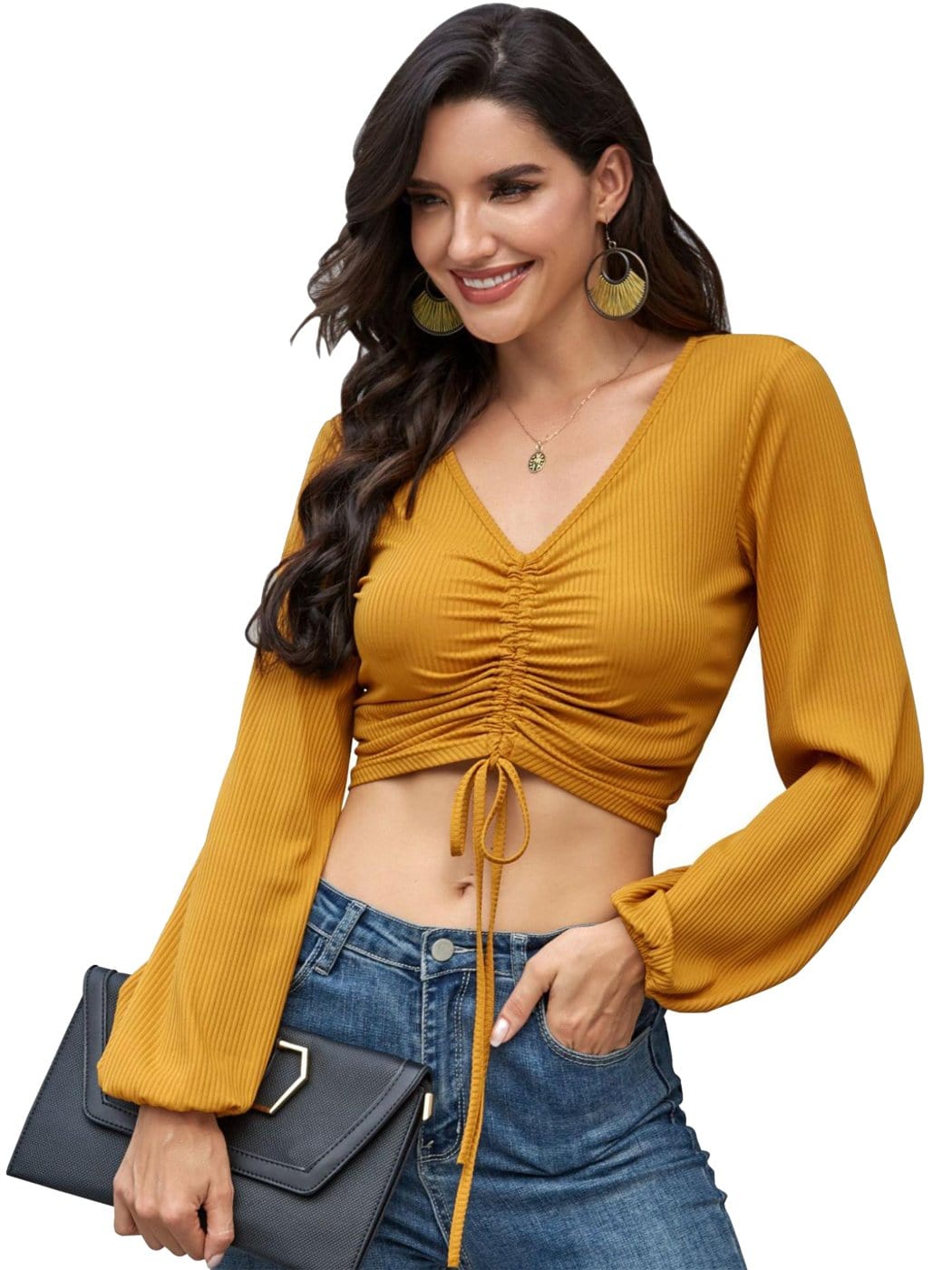 Casual Long Sleeve V Neck Ribbed Ruched Front Tie Crop Top Blouse