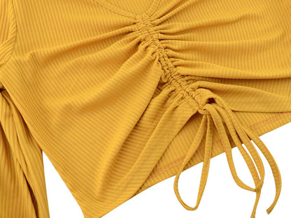 Casual Long Sleeve V Neck Ribbed Ruched Front Tie Crop Top Blouse